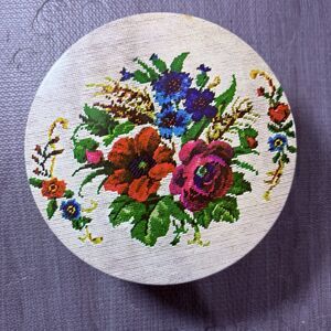 Vintage Floral Tin Box with Lid Round Printed Needlepoint Embroidered Look